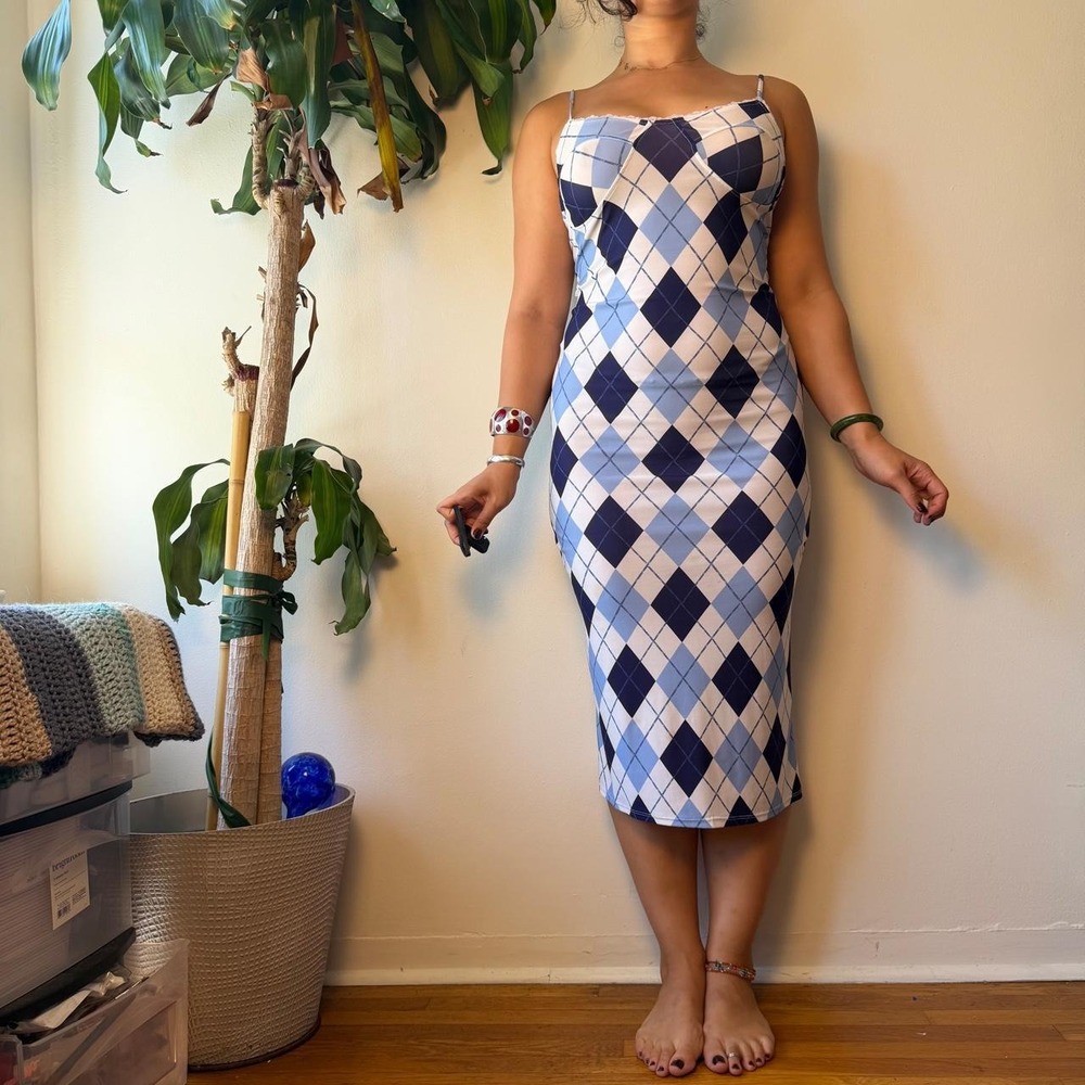 O-Mighty Blue White Argyle Midi Slip Dress Preppy Alt Whimsy Y2K Medium